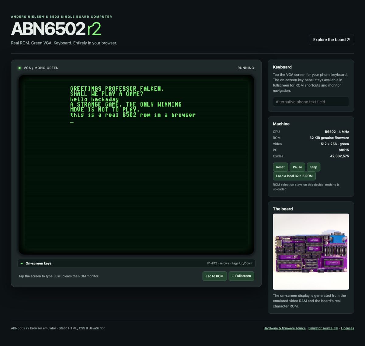 ABN6502 r2 browser emulator running its real ROM on a green VGA screen