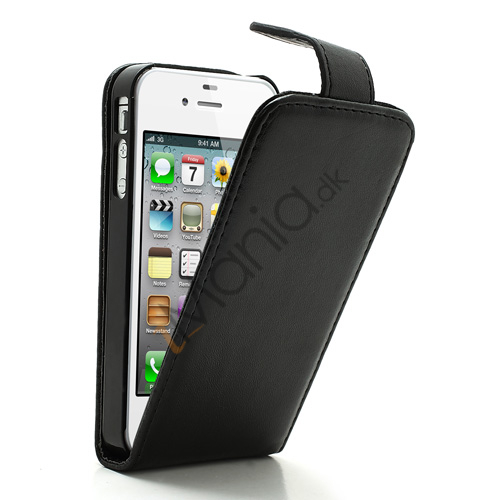 Læderetui til iPhone 4 med lodret åbning og kreditkortholder - Sort