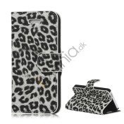 Leopard Skin Læder Magnetisk Tegnebog Case Cover med Holder til iPhone 5 - Hvid