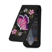 Glitrente Smykkesten med Perler og Sommerfugl Sort Flip Læder Case Cover til iPod Touch 5