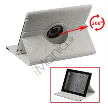 Nye iPad 2 3 4 Kunstlæder Stand Case Cover Blomster Præget 360 Grader Roterbar - Hvid