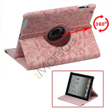 360 Grader Roterbar Blomster Præget Stand Case Kunstlæder til Den Nye iPad 2 3 4 - Pink