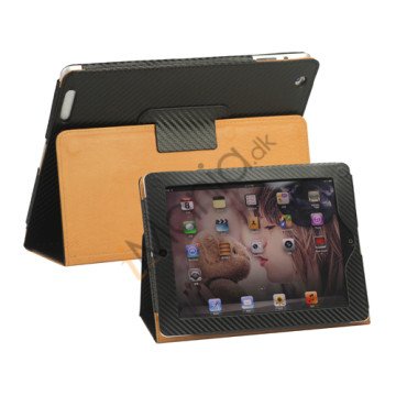 Carbon Fiber Kunstlæder Smart Cover med holder til iPad 4. 3. 2. generation - Sort