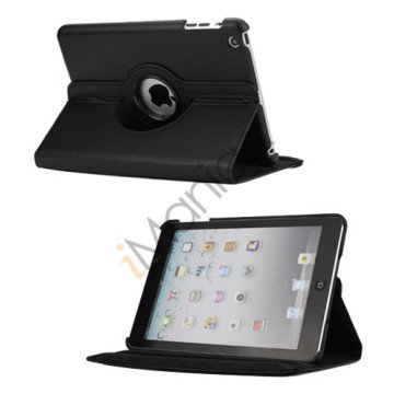 Drejes 360 grader, PU Læder Case Cover Stand til iPad Mini - Sort