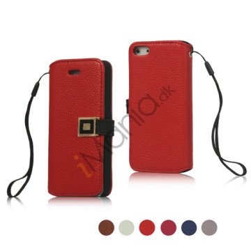 Litchi Grain Leather Card Slot Wallet Case Cover med rem til iPhone 5