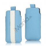 PU Læderetui med trækstrop og farvet stribe til iPhone 5 5S og 5C, hvid og blå