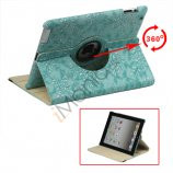 Nye iPad 2 3 4 Kunstlæder Stand Case Cover Blomster Præget 360 Grader Roterbar - Blå