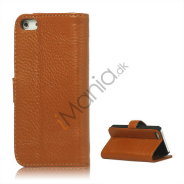 Ægte Læder Flip Wallet Kreditkort Stand Case til iPhone 5 - Brun