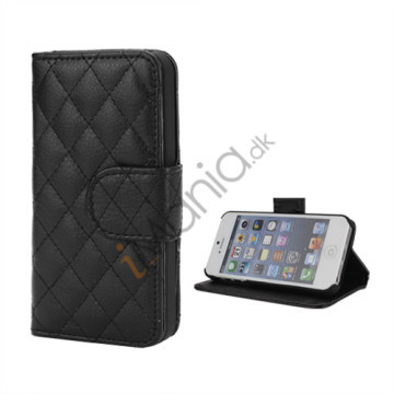 Grid Mønster Magnetisk Wallet Card Stand Lædertaske til iPhone 5 - Sort