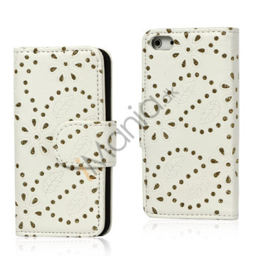 Glitrende Powder Floral læder tegnebog Case til iPhone 5 - Hvid