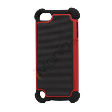 Vandret Striber Silicone & Plastic Combo Case Cover til iPod Touch 5 - Sort / Rød